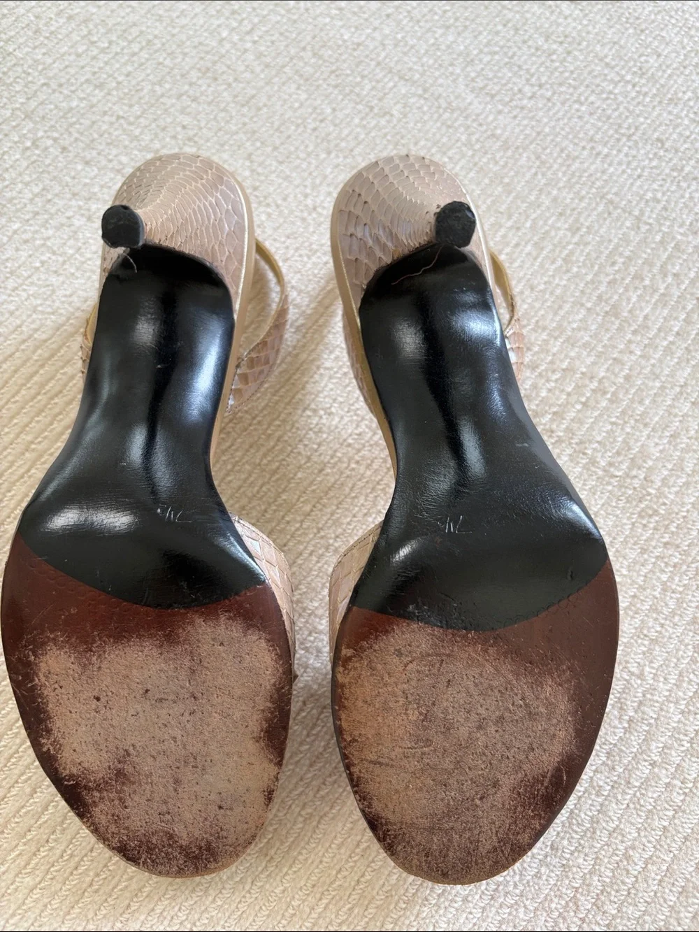 Stuart Weitzman Metallic Taupe Snake-Embossed Slingback Heels